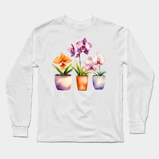 Potted Orchid Watercolor Long Sleeve T-Shirt